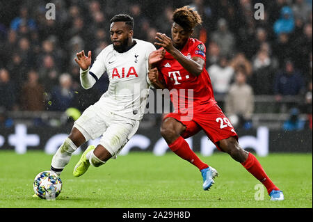 Danny Rose dal Tottenham Hotspur (L) e Kingsley Coman da Bayern Monaco di Baviera (R) sono visto in azione durante la UEFA Champions League (Gruppo B) match tra Tottenham Hotspur e Bayern Monaco.(punteggio finale; Tottenham Hotspur 2:7 Bayern Monaco di Baviera) Foto Stock