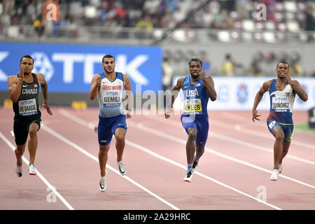 Noè Lyles (oro, USA), Alex Quiñonez (bronzo, Ecuador), Andre de Grasse (argento, Canada), Adam Gemili (Gran Bretagna). A 200 metri di finale. IAAF mondiale di atletica, Doha 2019 Foto Stock