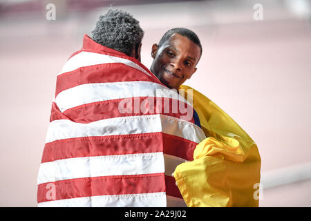 Alex Quinonez (Ecuador) e Noè Lyles (USA). A 200 metri di bronzo e Medaglia d'oro. IAAF mondiale di atletica, Doha 2019 Foto Stock