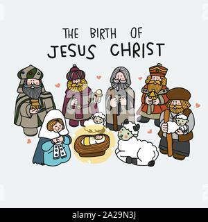 La nascita di Gesù Cristo carino cartone animato vettore illustrazione doodle stile Illustrazione Vettoriale