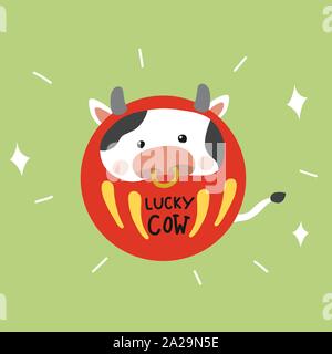 Lucky Cow Daruma (fascino fortunato giapponese) carino cartoon vettore illustrazione doodle stile Illustrazione Vettoriale