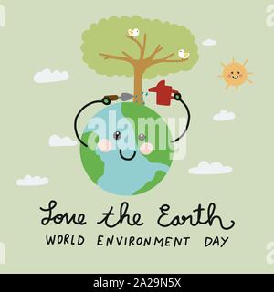 Love the Earth, World Environment Day cute smile Earth annaffiandosi, Ecologia concept cartoon vettore illustrazione doodle stile Illustrazione Vettoriale