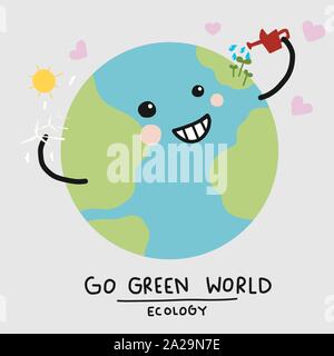 Vai verde mondo cute sorriso terra annaffiando lei stessa, Ecologia concetto cartoon vettore illustrazione doodle stile Illustrazione Vettoriale
