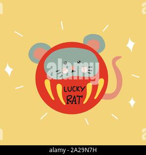 Lucky Rat Daruma (fascino fortunato giapponese) carino cartoon vettore illustrazione doodle stile Illustrazione Vettoriale
