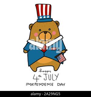 Carino orso 4 luglio Independence Day cartoon illustrazione vettore Illustrazione Vettoriale