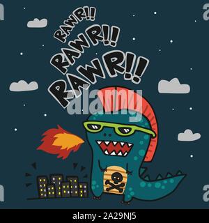 Punk Godzilla attaccare città cartoon illustrazione vettoriale Illustrazione Vettoriale
