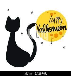 Happy Halloween gatto nero e la luna piena del fumetto illustrazione vettoriale Illustrazione Vettoriale