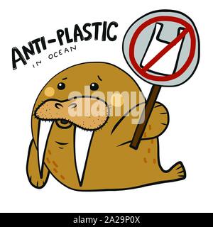 Walrus anti-plastica in fumetto oceano doodle illustrazione vettoriale Illustrazione Vettoriale