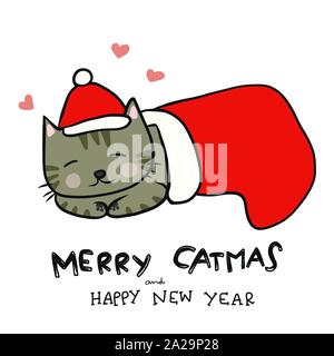 Merry Catmas cat dormire a Santa calza cartoon illustrazione vettoriale Illustrazione Vettoriale