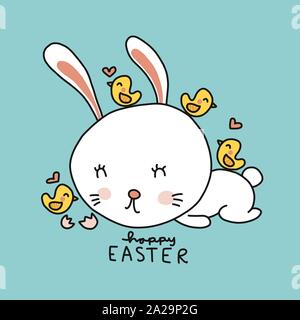 Coniglio bianco e piccoli uccelli, felice Pasqua cartone animato vettore illustrazione doodle stile Illustrazione Vettoriale