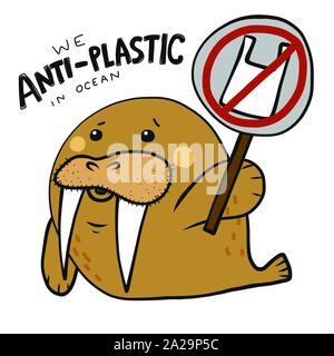 Walrus anti-plastica in fumetto oceano doodle illustrazione vettoriale Illustrazione Vettoriale