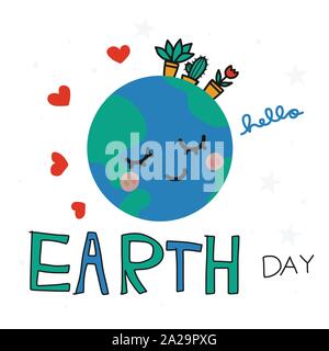 Hello Earth Day carino terra sorriso cartoon illustrazione vettoriale doodle style Illustrazione Vettoriale