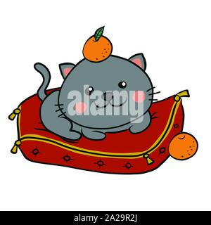 Cute cat ubicazione sul letto con orange sulla testa del fumetto illustrazione vettoriale Illustrazione Vettoriale