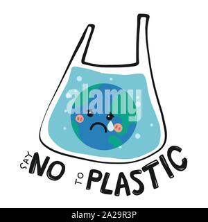 Dire di no alla plastica triste la terra in un sacchetto di plastica del fumetto illustrazione vettoriale Illustrazione Vettoriale