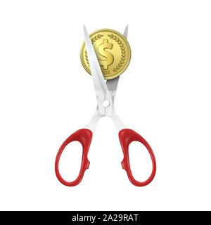 Vettore 3D realistici di metallo d'oro dollaro con forbici utting una icona oin Closeup isolati su sfondo bianco. Vendita banner con percentuale di sconto Illustrazione Vettoriale