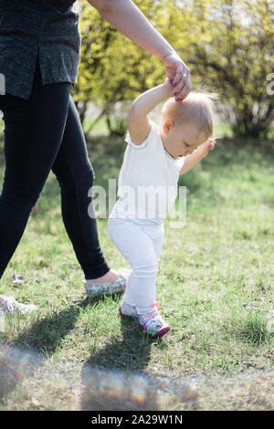 Un anno di età prendendo i primi passi, tenendo i suoi genitori le mani su una soleggiata giornata di primavera in un parco Foto Stock