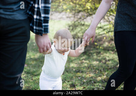 Un anno di età prendendo i primi passi, tenendo i suoi genitori le mani su una soleggiata giornata di primavera in un parco Foto Stock