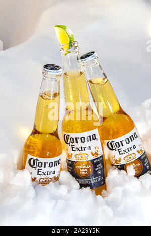 Corona di tre bottiglie di birra con calce sul ghiaccio, neve piena vista. Foto Stock