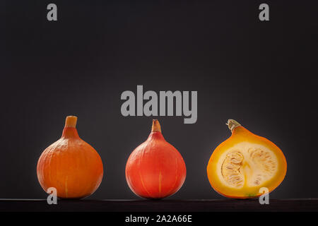 Tre piccoli zucche giacciono su una linea su sfondo grigio. Una zucca tagliata con semi all'interno. Zucca rossa nel centro. Copia dello spazio. Foto Stock