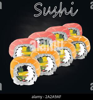 Il nigiri sushi illustrazione su sfondo scuro isolato. Illustrazione Vettoriale
