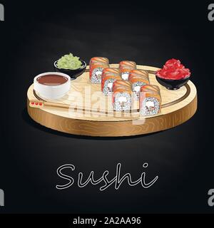 Vari tipi di sushi servita sulla scrivania di legno sfondo nero isolato. Illustrazione Vettoriale