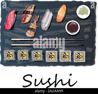 Il Nigiri Sush seti illustrazione isolato. Vista dall'alto. Illustrazione Vettoriale