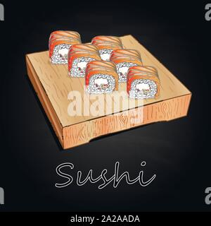 Vari tipi di sushi servita sulla scrivania di legno sfondo nero isolato. Illustrazione Vettoriale