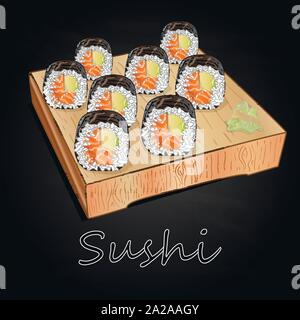 Vari tipi di sushi servita sulla scrivania di legno sfondo nero isolato. Illustrazione Vettoriale