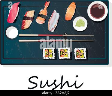 Il Nigiri Sush seti illustrazione isolato. Vista dall'alto. Illustrazione Vettoriale