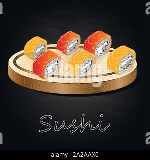 Vari tipi di sushi servita sulla scrivania di legno sfondo nero isolato. Illustrazione Vettoriale