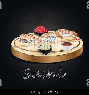 Vari tipi di sushi servita sulla scrivania di legno sfondo nero isolato. Illustrazione Vettoriale