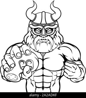 Viking Gamer Gladiator guerriero mascotte del Controller Illustrazione Vettoriale