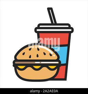 Linea sottile glifo Hamburger e soda water icona isolato su bianco Illustrazione Vettoriale