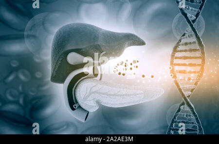 Il fegato umano e di dna su sfondo medico. 3d illustrazione Foto Stock