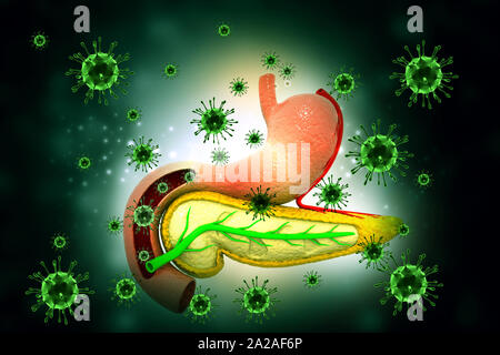 Infezione da virus del pancreas. Medico di fondo. 3d illustrazione Foto Stock