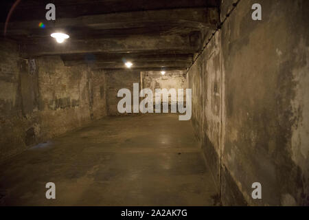 All'interno dell'unica superstite gass camera in Auschwitz I campo di concentramento, Oświęcim, Polonia Foto Stock