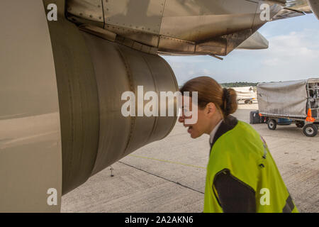 Pilota pre facendo controlli di volo e a piedi intorno a Foto Stock