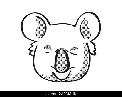 Retrò cartoon mono stile linea disegno della testa di un koala o Phascolarctos Cinereus, Australia più iconico fluffy marsupiale, una fauna selvatica minacciate di estinzione s Foto Stock