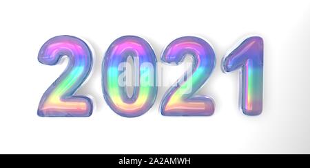 3D il testo della lettera 2021 anno in stile di bolle di sapone con una tinta arcobaleno su sfondo bianco Foto Stock