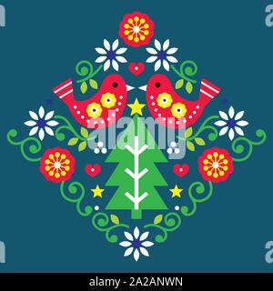 Il Natale di arte popolare modello di vettore con uccelli e fiori in rosso e verde, festosa scandinavo della scheda Messaggi di saluto Illustrazione Vettoriale