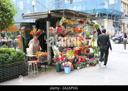 Uomo di fiori in Buenos Aires. Pressione di stallo di fiori e il suo proprietario in Buenos Aires Microcentro. Foto Stock