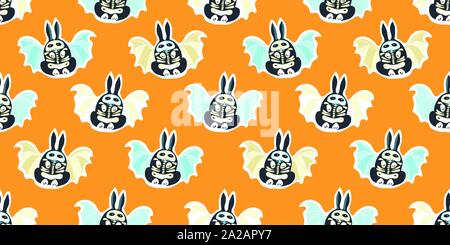 Divertenti vettore senza soluzione di continuità il giorno dei morti lo stile comico bat bunny pattern con disegnati a mano lo scheletro, il coniglietto mascherato in nero e arancio. Divertente e felice design perfetto per il tuo Halloween party. Illustrazione Vettoriale