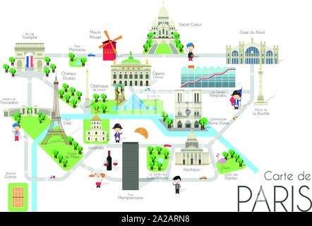 Cartoon mappa vettoriale della città di Parigi, Francia. Illustrazione di viaggio con punti di riferimento e attrazioni principali. Illustrazione Vettoriale