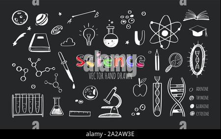 Vettore disegnati a mano la scienza e istruzione doodle set. DNA, biologia, Astronomia e altri oggetti. Illustrazione Vettoriale