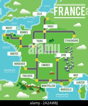 Cartoon mappa vettoriale della Francia. Illustrazione di viaggio con il francese principali città. Illustrazione Vettoriale