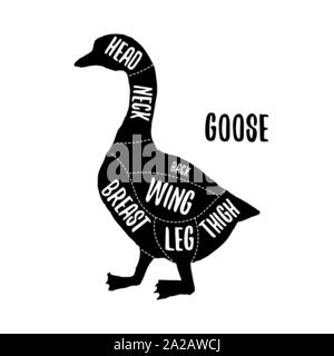 Carne di oca grafici di taglio illustrazione vettoriale per negozio di macellaio guida. Etichetta per farm design Illustrazione Vettoriale