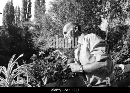 Hans Sachs, ex Procuratore Capo di Norimberga, è andato in pensione e si dedicò al suo hobby e giardino. In Germania, egli divenne noto come un membro del quiz show era "ich bin?' (che cosa sono io?), moderato da Robert Lembke. Egli è stato coinvolto nella mostra da 1955-1989 e insieme con il resto della squadra ha vinto il Golden fotocamera award nel 1967. La foto mostra lui versando fiori sul balcone. Foto Stock