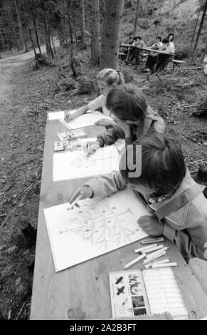 Una giornata del bosco è stato organizzato per i bambini disabili con una escursione nella foresta bavarese in prossimità di Kelheim. La foto mostra il gruppo di bambini su un sentiero di bosco. Essi siedono a tabelle di birra e dipingere quadri. Foto Stock