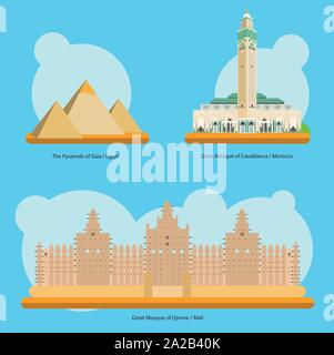 Illustrazione Vettoriale di monumenti e luoghi di interesse turistico in Africa Vol. 1: Le Piramidi di Giza, la Grande Moschea di Casablanca e la Grande Moschea di Djenne Illustrazione Vettoriale