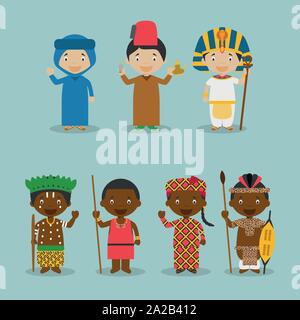 I bambini e la nazionalità del vettore mondiale: Africa Set 2. Set di 7 personaggi vestiti in diversi costumi nazionali Illustrazione Vettoriale